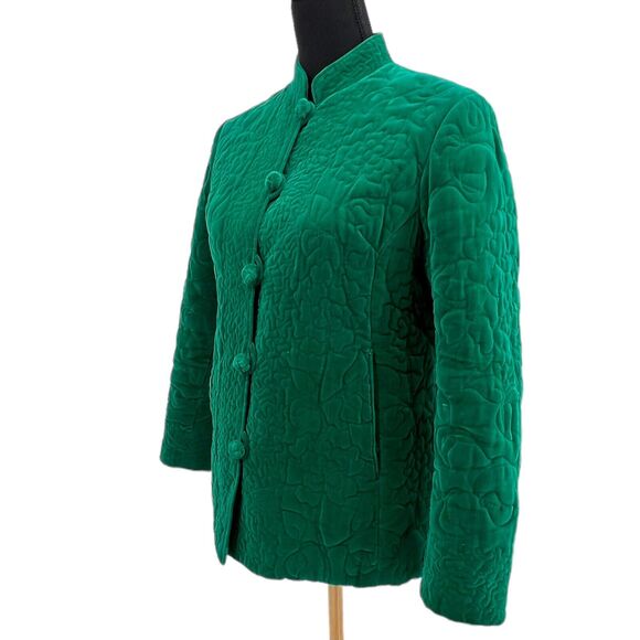 Vintage‎ 1960s Emerald Green Quilted Velvet Mandarin Collar Frog Closure Jacket - Picture 5 of 9